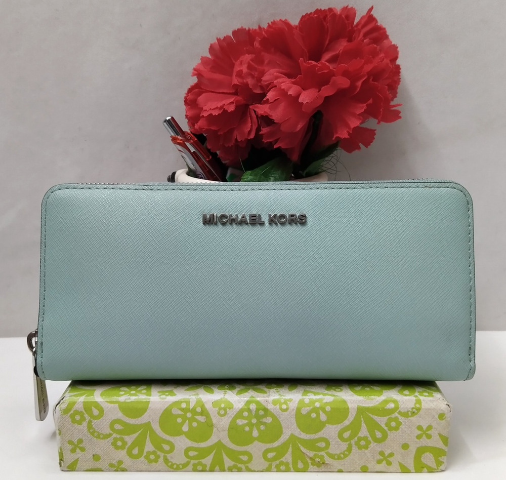Michael Kors Sky Blue Leather Zip Around Credit Card Wallet